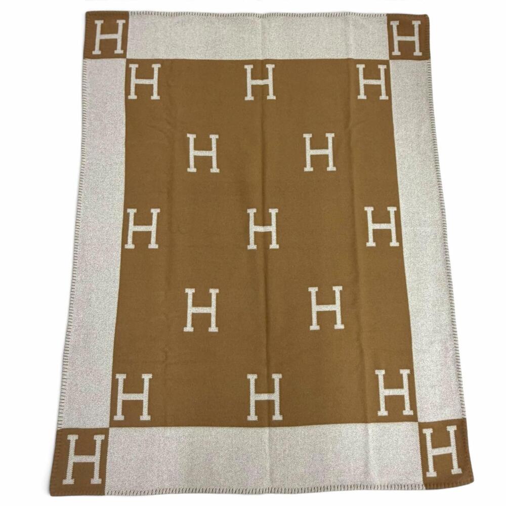 HERMES Plaid Avalon Wool Cashmere Blanket, Ecru Camel, Current Model, Made in...